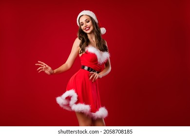 Photo Of Young Attractive Lovely Girl Happy Smile Enjoy Music Have Fun Dance Christmas Party Isolated Over Red Color Background