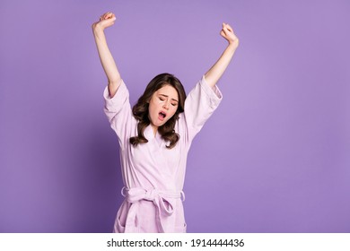 Photo Of Young Attractive Sleepy Girl Yawn Stretch Arms Use Under Eye Patch Isolated Over Violet Color Background