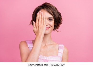 Photo Of Young Attractive Woman Cover Eye Arm Check-up Vision Ophthalmology Isolated Over Pink Color Background