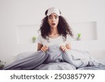 Photo of young attractive woman sit bed frightened nightmare wear stylish pajama soft comfy bedroom white room interior inside