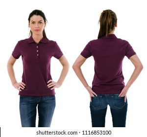 Photo Of A Young Beautiful Brunette Woman With Blank Purple Polo Shirt, Front And Back. Ready For Your Design Or Artwork.