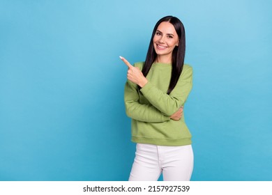 Photo Of Young Beautiful Business Lady Promote Recommend Her Company Services Isolated On Blue Color Background