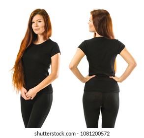 Photo of a young beautiful redhead woman with blank black shirt, front and back. Ready for your design or artwork. - Shutterstock ID 1081200572