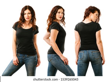 Photo Of A Young Beautiful Redhead Woman With Blank Black Shirt, Front, Side And Back. Ready For Your Design Or Artwork.