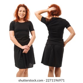Photo of a young beautiful redhead woman with blank black shirt. Isolated over white background and ready for your design or artwork. - Shutterstock ID 2271196971