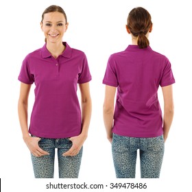 Photo Of A Young Beautiful Woman With Blank Purple Polo Shirt, Front And Back Views. Ready For Your Design Or Artwork.