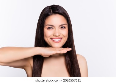 Photo Of Young Beautiful Woman Happy Positive Smile Hand Touch Chin Plastic Surgery Correction Isolated Over Grey Color Background