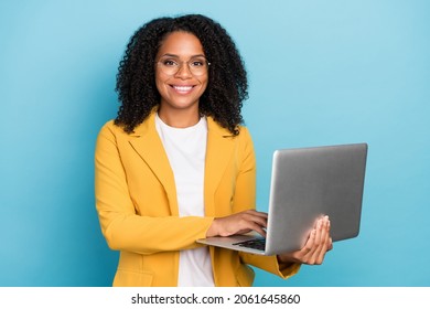 Photo Of Young Black Business Woman Happy Positive Smile Chat Email Laptop Programmer Isolated Over Blue Color Background