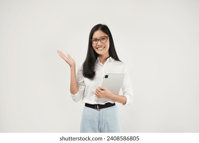 Photo of young ceo manager,  working woman holding tablet and smiling, standing over white background - Powered by Shutterstock