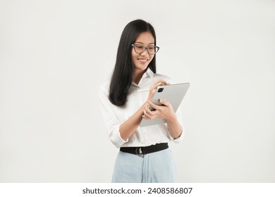 Photo of young ceo manager,  working woman holding tablet and smiling, standing over white background - Powered by Shutterstock