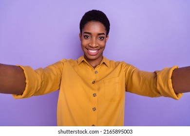 Photo Of Young Cheerful Girl Guy Shooting Selfie Video Recording Travel Vacation Isolated Over Purple Color Background