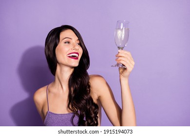 Photo Of Young Cheerful Girl Happy Positive Smile Enjoy Party Drink Champagne Isolated Over Purple Color Background