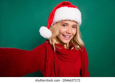 Photo Of Young Cheerful Girl Happy Positive Smile Make Selfie Christmas Spirit Noel Isolated Over Green Color Background