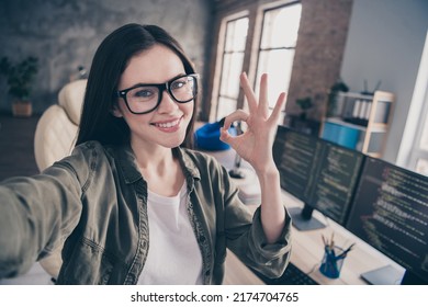 Photo Of Young Cheerful Girl Make Selfie Show Fingers Okey Symbol Promo Deal Developer Designer Tester Website Indoors