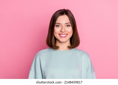 Photo of young cheerful girl toothy smile visit clinic whitening oral care isolated over pink color background