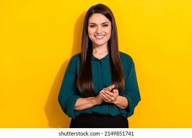 Photo Of Young Cheerful Pretty Woman Clap Hands Congrats Manager Isolated Over Yellow Color Background