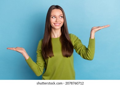 Photo of young cheerful promoter decide choose scales promotion decide isolated over blue color background - Shutterstock ID 2078760712