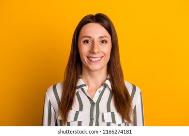 Photo Of Young Cheerful Woman Toothy Smile Visit Dentis Whitening Caries Protection Isolated Over Yellow Color Background