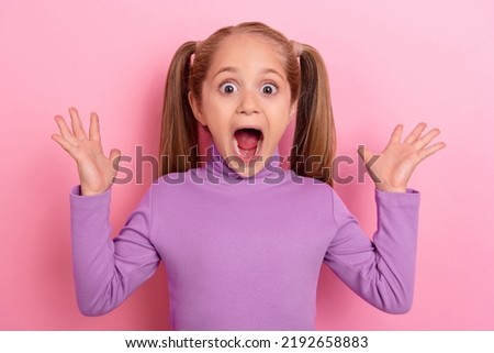 Photo of young crazy impressed little girl see huge sales bargain on black friday isolated on pink color background
