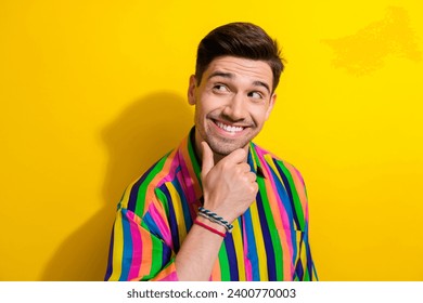 Photo of young creative manager touch chin looking for new assistant empty space ads at job websites isolated on yellow color background - Powered by Shutterstock