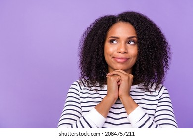 Photo of young curious thinking brainstorming girl look copyspace dreaming isolated on violet color background - Powered by Shutterstock