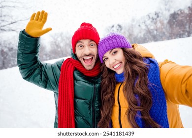 Photo of young excited couple happy positive smile make selfie wave hand hello hi vacation snowy park - Powered by Shutterstock