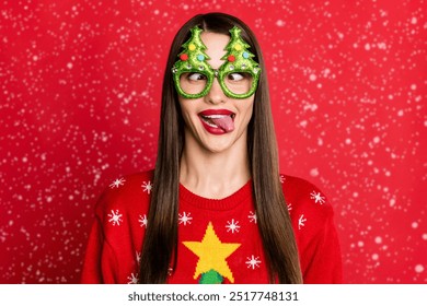 Photo of young funky funny woman wear glasses careless face stick out tongue isolated on red color background - Powered by Shutterstock