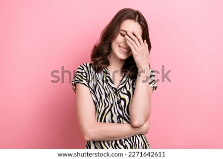 Photo of young funny laughing dreamy positive comic toothy smile touch forehead wear zebra stylish shirt good joke isolated on pink color background