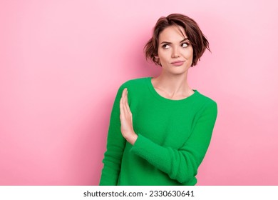Photo of young funny woman showing stop sign dislike against propaganda stop share fake news look novelty isolated on pink color background