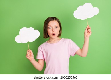 Photo of young girl amazed shocked news hold cloud bubble stick information isolated over green color background - Powered by Shutterstock