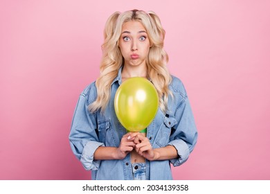 Photo Of Young Girl Unhappy Moody Pouted Cheeks Bad Surprise Birthday Party Balloons Isolated Over Pink Color Background