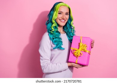 Photo Of Young Good Mood Lovely Female Receive Cure Pr Box From Sponsor Isolated On Pink Color Background