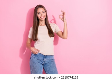 Photo Of Young Gorgeous Nice Woman Entrepreneur Confident Showing Okey Sign Recommend Empty Space Vacancy Ad Isolated On Pink Color Background