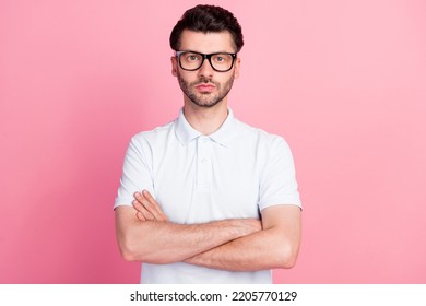 Photo Of Young Handsome Attractive Serious Man Wear Glasses Folded Arms Professional Manager Office Worker Look You Isolated On Bright Pink Color Background