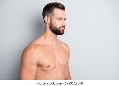 Photo of young handsome man serious confident look empty space after shower hygiene isolated over grey color background