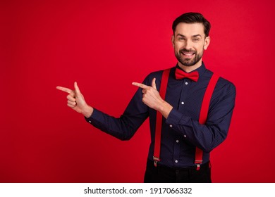 Photo Of Young Happy Cheerful Good Mood Handsome Man Point Finger Copyspace Advertise Isolated On Red Color Background