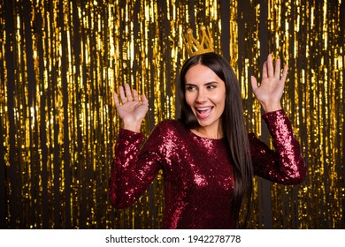 Photo Of Young Happy Excited Smiling Beautiful Girl With Crown On Head Celebrate Prom Isolated On Glittered Background