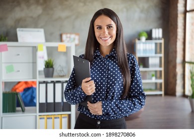 Photo of young happy positive good mood cheerful smiling confident businesswoman hold organizer work in office workplace