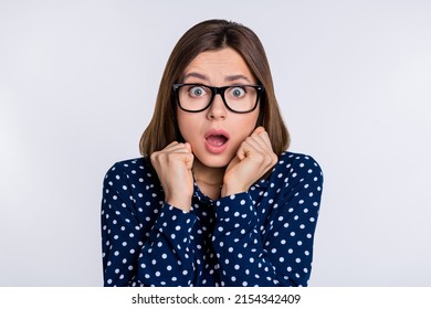 Photo Of Young Lady Horrified Anxious Nervous Mistake Problem Late Isolated Over Grey Color Background