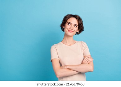 Photo Of Young Lovely Clever Office Worker Lady Look Empty Space See Promotion Ad Isolated On Blue Color Background