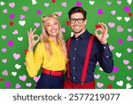 Photo of young lovely couple show okay alright sybol perfect ideal recommend isolated over green color background