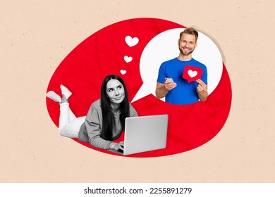 Photo of young lovely cute dreamy woman lying use laptop thinking about boyfriend hold red paper like internet feelings isolated on beige background - Shutterstock ID 2255891279