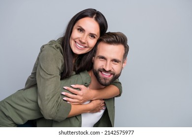 Photo Of Young Lovely Spouses Good Mood Dream Romance Support Story Isolated Over Grey Color Background