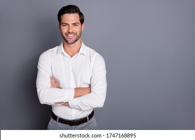 Photo of young macho business man employer meet colleagues corporate seminar friendly smiling arms crossed wear white office shirt pants isolated grey color background - Powered by Shutterstock