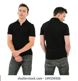 Photo Of A Young Male Posing With A Blank Black Polo Shirt.  Front And Back Views Ready For Your Artwork Or Designs.