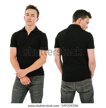 Photo of a young male posing with a blank black polo shirt.  Front and back views ready for your artwork or designs.