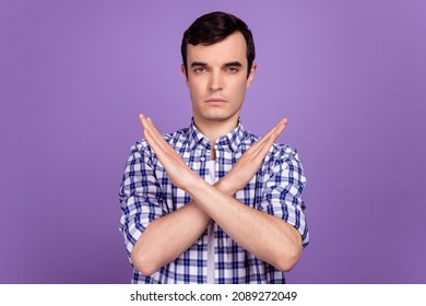 Photo of young man crossed hands show no stop symbol ban block enough isolated over violet color background - Shutterstock ID 2089272049