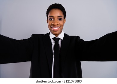 Photo Of Young Man Woman Shooting Selfie Video Recording Influencer Isolated Over Grey Color Background