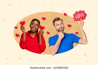 Photo of young minded thoughtful romance couple touch chin dreaming engagement marriage hold paper heart postcards isolated on beige background - Shutterstock ID 2255891265