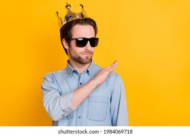 Photo Of Young Narcissistic Man Rich Arrogant Serious Prince Crown Look Empty Space Isolated Over Yellow Color Background